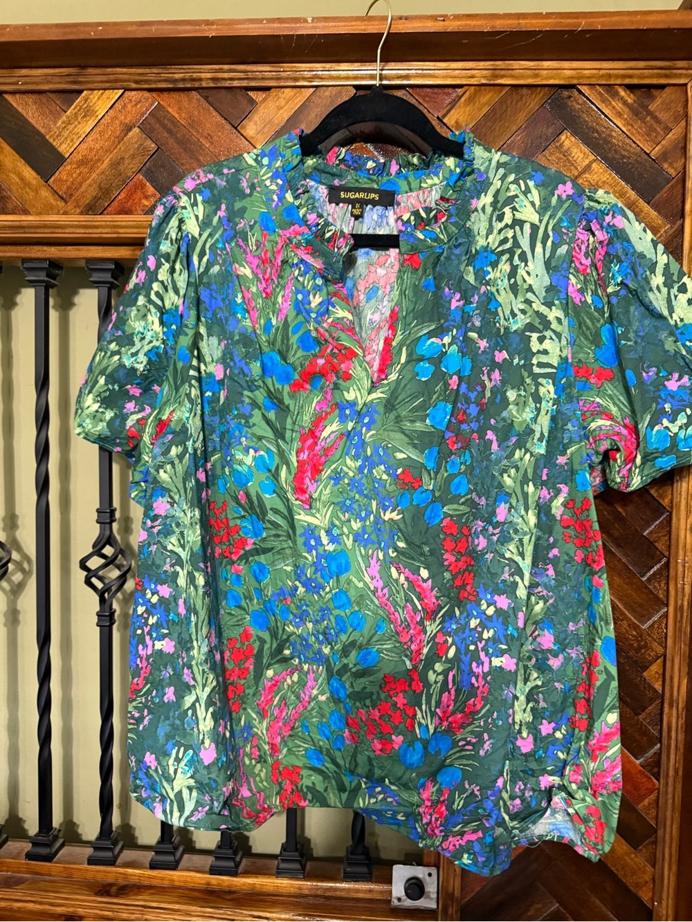 Sugarlips Green Floral Short Sleeve Button-Down Shirt with Multicolor Bloom.